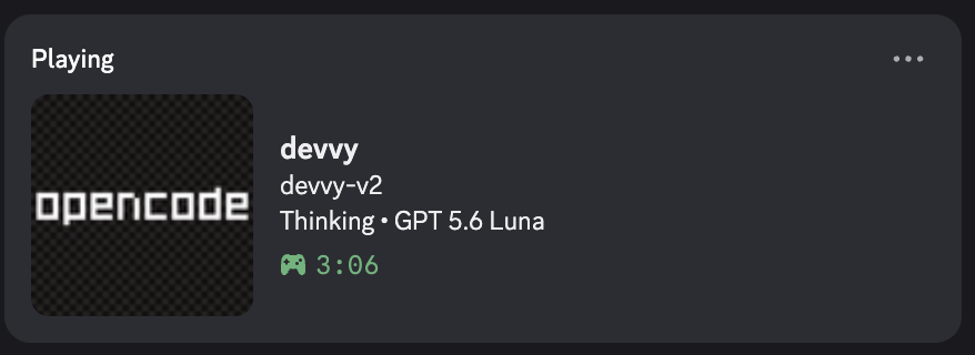 Discord profile card showing Devvy: project name, Thinking state, and the model name GPT 5.6