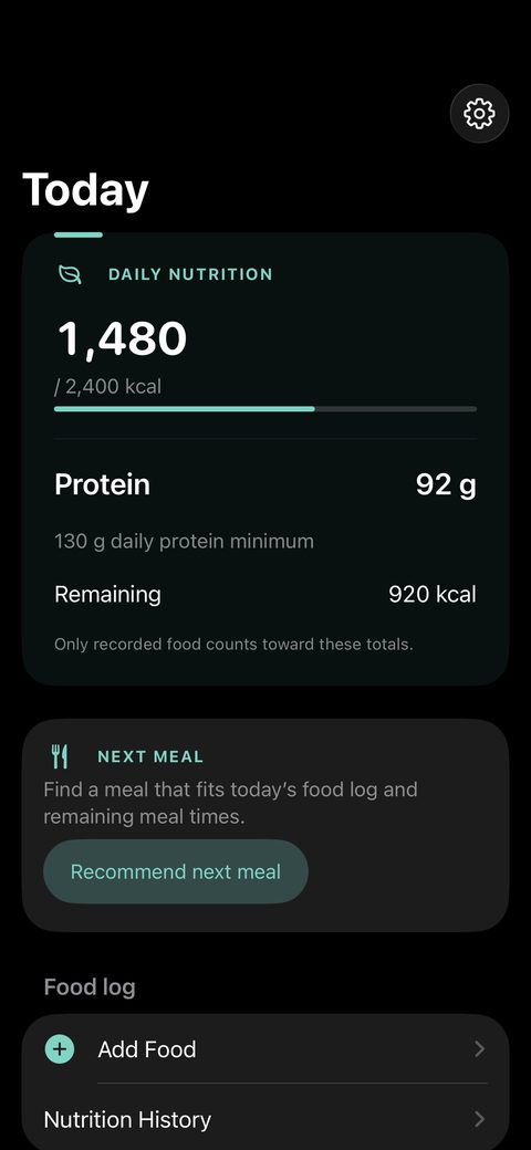 Today screen: calories and protein against targets, Next Meal button, food log