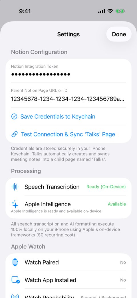iPhone: Settings with Notion credentials and on-device processing status