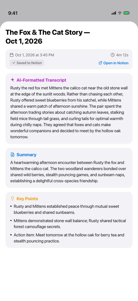 iPhone: Talk detail with formatted transcript, summary, and key points, saved to Notion